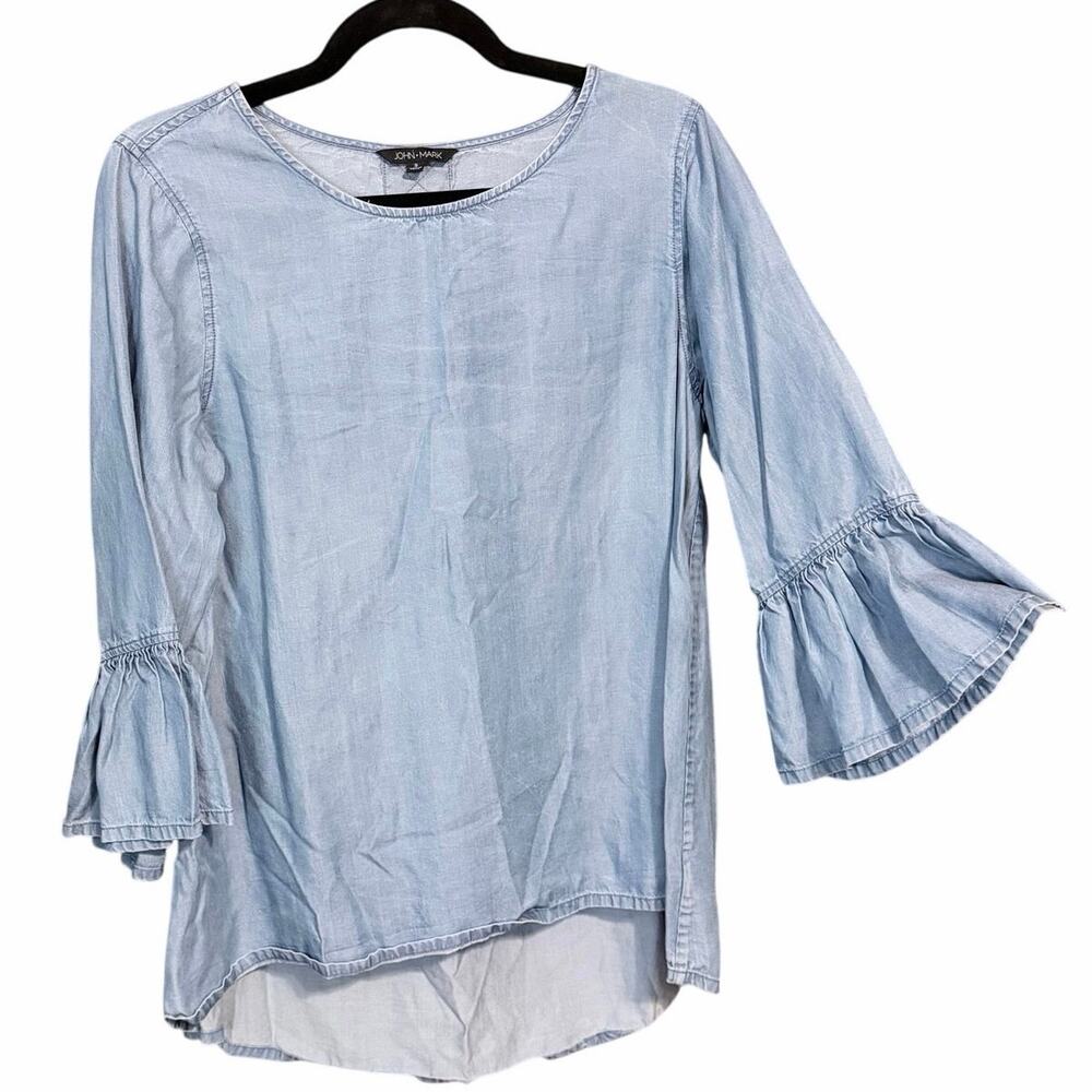 John mark tencel denim chambray blue blouse flare sleeves boho small coastal